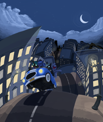 Size: 1380x1632 | Tagged: safe, artist:bakuel, nightmare moon, princess luna, queen chrysalis, alicorn, changeling, changeling queen, pony, car, city, cityscape, driving, lunar trinity, night, riding, s1 luna, surreal