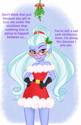 Size: 2597x4000 | Tagged: artist needed, source needed, safe, sugarcoat, equestria girls, christmas, clothes, costume, dialogue, dress, gloves, hand on hip, holiday, imminent kissing, looking at you, mistletoe, open mouth, raised eyebrow, santa costume, solo, tsundere, tsunderecoat