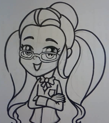 Size: 616x700 | Tagged: safe, artist:วาดการ์ตูน กันเถอะ, sugarcoat, equestria girls, cute, grayscale, looking at you, marker drawing, monochrome, smiling, sugarcute, traditional art, when she smiles