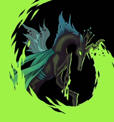 Size: 500x536 | Tagged: safe, artist:etall, queen chrysalis, changeling, changeling queen, female, fire, glowing eyes, glowing horn, green eyes, green fire, horn