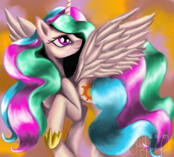 Size: 1000x900 | Tagged: safe, artist:lulii999, princess celestia, alicorn, pony, female, horn, mare, missing accessory, multicolored mane, multicolored tail, solo, white coat, white wings, wings