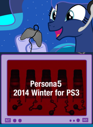 Size: 563x769 | Tagged: safe, princess luna, alicorn, pony, ball and chain, blatant lies, chains, chair, controller, exploitable meme, headset, meme, obligatory pony, persona, persona 5, tv meme