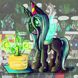 Size: 3000x3000 | Tagged: safe, artist:ryuredwings, queen chrysalis, changeling, changeling queen, nymph, cake, cute, cutealis, filly queen chrysalis, solo