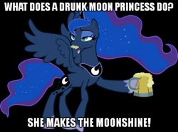 Size: 480x358 | Tagged: safe, princess luna, alicorn, pony, drunk, female, image macro, mare, moonshine, pun, solo