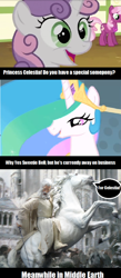 Size: 494x1137 | Tagged: safe, cheerilee, princess celestia, sweetie belle, alicorn, horse, pony, bust, comic, crossover, gandalf, lord of the rings, shadowfax