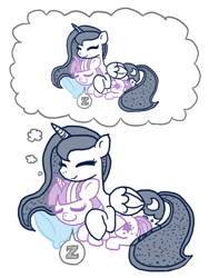 Size: 648x864 | Tagged: safe, artist:ficficponyfic, princess luna, twilight sparkle, twilight sparkle (alicorn), alicorn, pony, :>, cuddling, cute, dream, dream walker luna, eyes closed, female, hnnng, hug, inception, lesbian, mare, prone, recursion, shipping, smiling, snuggling, thought bubble, twiluna, z, zzz