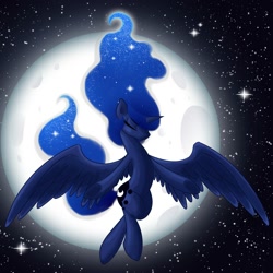 Size: 2000x2000 | Tagged: safe, artist:kelisah, princess luna, alicorn, pony, eyes closed, flying, moon, night, solo, space, stars