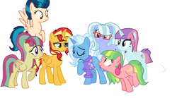 Size: 2424x1352 | Tagged: safe, artist:kokonaharuka45, indigo zap, lemon zest, sour sweet, sugarcoat, sunny flare, sunset shimmer, trixie, alicorn, earth pony, pegasus, pony, unicorn, alicornified, alternate mane six, alternate universe, clothes, equestria girls ponified, missing accessory, ponified, race swap, shadow five, shimmercorn, simple background, white background