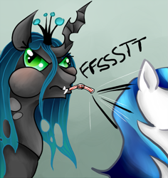 Size: 699x742 | Tagged: safe, artist:chromaflow, queen chrysalis, shining armor, changeling, changeling queen, pony, unicorn, changeling feeding, derp, puffy cheeks, straw