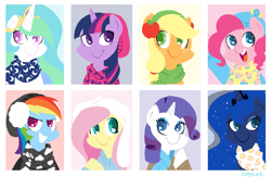 Size: 1587x1037 | Tagged: safe, artist:coggler, applejack, fluttershy, pinkie pie, princess celestia, princess luna, rainbow dash, rarity, twilight sparkle, alicorn, earth pony, pegasus, pony, unicorn, clothes, earmuffs, hat, mane six, scarf