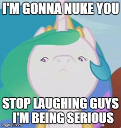 Size: 333x352 | Tagged: safe, edit, princess celestia, alicorn, pony, atomic bomb, faic, image macro, inverted mouth, kim jong-un, meme, north korea, ponified meme, proncoss colostio, shrunken face, solo, woll smoth