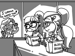 Size: 800x600 | Tagged: safe, artist:rawrienstein, sci-twi, sugarcoat, sunset shimmer, twilight sparkle, equestria girls, adorkable, against glass, book, bookhorse, cute, dork, female, glass, glasses, grayscale, monochrome, nerd, speech, window