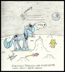 Size: 630x697 | Tagged: safe, artist:rdk, princess luna, alicorn, pony, a grand day out, crossover, death star, moon, portal (valve), realization, s1 luna, sailor moon, space, space core, star wars, traditional art, wallace and gromit