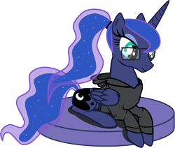 Size: 8810x7474 | Tagged: safe, artist:algonquinmaniac, princess luna, alicorn, pony, absurd resolution, alternate hairstyle, clothes, female, glasses, hoodie, mare, ponytail, prone, simple background, smiling, solo, transparent background, vector