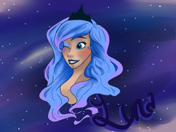 Size: 3264x2448 | Tagged: safe, artist:soiltail, princess luna, human, head, humanized, moderate dark skin, smiling, solo, wink