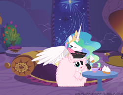 Size: 650x500 | Tagged: safe, artist:mixermike622, princess celestia, oc, oc:fluffle puff, alicorn, pony, cupcake, eating, eyepatch, hat, hook, pirate, tea, teacup