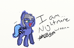 Size: 710x461 | Tagged: safe, artist:pyro muffinz, nightmare moon, princess luna, alicorn, pony, cute, filly, helmet, nightmare luna, nightmare woon, open mouth, smiling, solo, woona, younger