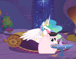 Size: 650x500 | Tagged: safe, artist:mixermike622, princess celestia, oc, oc:fluffle puff, alicorn, pony, cupcake, eating, eyepatch, hat, hook, pirate, single panel, teacup