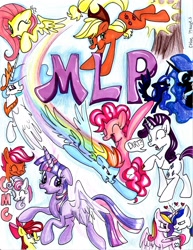 Size: 1700x2202 | Tagged: safe, artist:frostykat13, apple bloom, applejack, fluttershy, nightmare moon, pinkie pie, princess cadance, princess celestia, princess luna, rainbow dash, rarity, scootaloo, shining armor, sweetie belle, twilight sparkle, twilight sparkle (alicorn), alicorn, earth pony, pegasus, pony, unicorn, applebucking, cutie mark crusaders, dirt, eyes closed, flying, heart, mane six, text, traditional art, tree