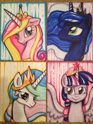 Size: 2448x3264 | Tagged: safe, artist:frostykat13, princess cadance, princess celestia, princess luna, twilight sparkle, twilight sparkle (alicorn), alicorn, pony, alicorn tetrarchy, female, mare, traditional art