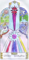 Size: 623x1282 | Tagged: safe, artist:chatsium, princess celestia, princess luna, twilight sparkle, alicorn, pony, banishment, corrupted twilight sparkle, dimness void, elements of harmony, magic, moon, stars, sun