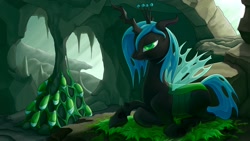 Size: 2880x1620 | Tagged: safe, artist:dahtamnay, queen chrysalis, changeling, changeling queen, cave, egg, female, solo