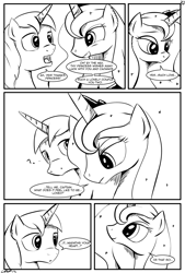 Size: 1093x1618 | Tagged: safe, artist:cs, princess luna, shining armor, alicorn, pony, unicorn, comic:day-off, comic, monochrome