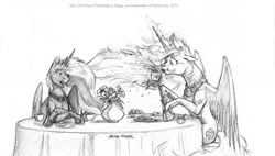 Size: 1280x725 | Tagged: safe, artist:baron engel, princess celestia, princess luna, alicorn, pony, drink, grayscale, monochrome, palindrome get, pencil drawing, spit take, table, talking, traditional art