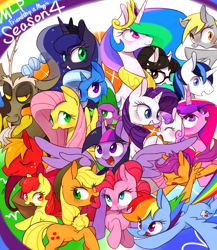 Size: 1000x1150 | Tagged: safe, artist:30clock, apple bloom, applejack, big macintosh, derpy hooves, discord, fluttershy, pinkie pie, princess cadance, princess celestia, princess luna, rainbow dash, rarity, raven, scootaloo, shining armor, spike, sweetie belle, trixie, twilight sparkle, twilight sparkle (alicorn), alicorn, dragon, earth pony, pegasus, pony, unicorn, season 4, action poster, cutie mark crusaders, everypony, female, mane seven, mane six, mare, pixiv