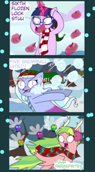 Size: 1056x1920 | Tagged: safe, artist:psychodiamondstar, lemon zest, sci-twi, sugarcoat, twilight sparkle, deer, parasprite, pony, equestria girls, christmas, crystal prep shadowbolts, equestria girls ponified, holiday, ponified, seaponified, snow, snowball, species swap, unicorn sci-twi, winter