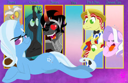 Size: 600x388 | Tagged: safe, artist:bunnimation, diamond tiara, discord, flam, flim, king sombra, queen chrysalis, trixie, changeling, changeling queen, pony, unicorn, antagonist, heart