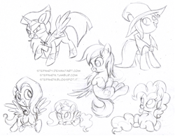 Size: 5070x3966 | Tagged: safe, artist:stepandy, fluttershy, pinkie pie, princess luna, rainbow dash, trixie, twilight sparkle, twilight sparkle (alicorn), alicorn, pegasus, pony, female, filly, mare, monochrome, sketch, sketch dump, woona