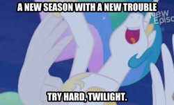 Size: 500x304 | Tagged: safe, edit, princess celestia, alicorn, pony, princess twilight sparkle (episode), image macro, inverted mouth, solo