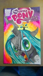 Size: 1024x1816 | Tagged: safe, artist:andypriceart, idw, queen chrysalis, changeling, changeling queen, comic cover, female, horn