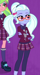 Size: 292x547 | Tagged: safe, screencap, lemon zest, sugarcoat, equestria girls, friendship games, clothes, cropped, crystal prep academy uniform, female, glasses, leggings, miniskirt, offscreen character, pigtails, pleated skirt, school uniform, shoes, skirt, socks, twintails