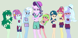 Size: 2190x1077 | Tagged: safe, artist:eli-j-brony, indigo zap, lemon zest, sour sweet, starlight glimmer, sugarcoat, sunny flare, trixie, wallflower blush, equestria girls, base used, belly button, clothes, exeron fighters, exeron outfit, midriff, ponied up, shadow five, skirt, sports bra