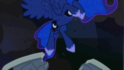 Size: 960x540 | Tagged: safe, screencap, princess luna, alicorn, pony, princess twilight sparkle (episode), season 4, animated, birth of nightmare moon, castle, castle of the royal pony sisters, chestplate, corrupted, crown, dark magic, darkness, dilated pupils, ethereal mane, eyes closed, eyeshadow, female, flashback, floating, flowing mane, glowing horn, gritted teeth, hoof shoes, horrified, jewelry, looking up, magic, makeup, mare, open mouth, pain, regalia, sin of envy, solo, spread wings, transformation