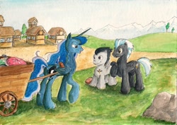 Size: 2332x1647 | Tagged: safe, artist:souleatersaku90, princess luna, rumble, thunderlane, alicorn, pony, cart, commission, fanfic art, the simple life, traditional art