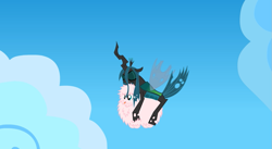 Size: 1123x615 | Tagged: safe, artist:tiarawhy, queen chrysalis, oc, oc:fluffle puff, changeling, changeling queen, animated at source, bravest warriors, flying, youtube link