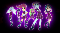 Size: 1280x720 | Tagged: safe, screencap, indigo zap, lemon zest, sci-twi, sour sweet, sugarcoat, sunny flare, twilight sparkle, equestria girls, friendship games, black background, clothes, crystal prep academy uniform, crystal prep shadowbolts, school uniform, shadow six, simple background