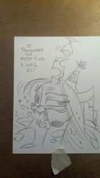 Size: 1024x1816 | Tagged: safe, artist:andypriceart, queen chrysalis, changeling, changeling queen, drunk, faic, hat, party hat, photo, traditional art