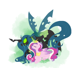 Size: 978x898 | Tagged: safe, artist:soulwarri0r, princess cadance, queen chrysalis, alicorn, changeling, changeling queen, pony, glowing eyes, magic