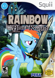 Size: 712x1000 | Tagged: safe, artist:nickyv917, queen chrysalis, rainbow dash, changeling, changeling queen, pegasus, pony, box art, caliburn, crossover, parody, sonic and the black knight, sonic the hedgehog (series), wii