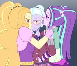 Size: 1351x1154 | Tagged: safe, artist:yuck, adagio dazzle, aria blaze, sugarcoat, equestria girls, blushing, crack shipping, cropped, ear licking, female, group hug, holding hands, hug, lesbian, licking, shipping, tongue out