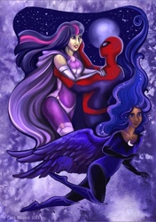 Size: 2472x3507 | Tagged: safe, artist:trollgirl, princess luna, twilight sparkle, human, amethyst sorceress, crossover, crossover shipping, dark skin, female, humanized, light skin, male, shipping, spider-man, spiders and magic: rise of spider-mane, spidertwi, straight, wat, winged humanization