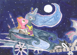 Size: 650x459 | Tagged: safe, artist:foudubulbe, big macintosh, princess luna, bat pony, pony, bowtie, chariot, clothes, female, luna's chariot, lunamac, male, moon, night, night guard, shipping, stars, straight, suit