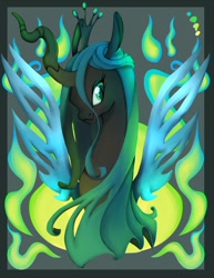 Size: 800x1035 | Tagged: safe, artist:vertizontal, queen chrysalis, changeling, changeling queen, bust, crown, female, fire, green eyes, green fire, horn, jewelry, regalia, solo, wings