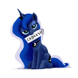 Size: 600x600 | Tagged: safe, artist:nbd-four, princess luna, alicorn, pony, looking at you, mouth hold, russian, sarcasm, sign, sitting, solo, unamused