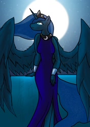 Size: 1240x1748 | Tagged: safe, artist:secretbetweenthewar, princess luna, anthro, clothes, dress, moon, night, solo