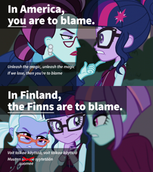 Size: 1280x1440 | Tagged: safe, screencap, principal abacus cinch, sci-twi, sugarcoat, sunny flare, twilight sparkle, equestria girls, friendship games, english, finland, finnish, lyrics, misheard, mondegreen, polydactyly, song reference, text, unleash the magic